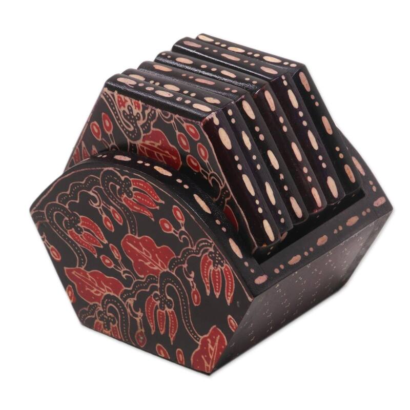 NOVICA Artisan Handblown Wooden Batik Coasters From Indonesia Black Red Floral Barware 'Kembang Memory' (Set of 6)