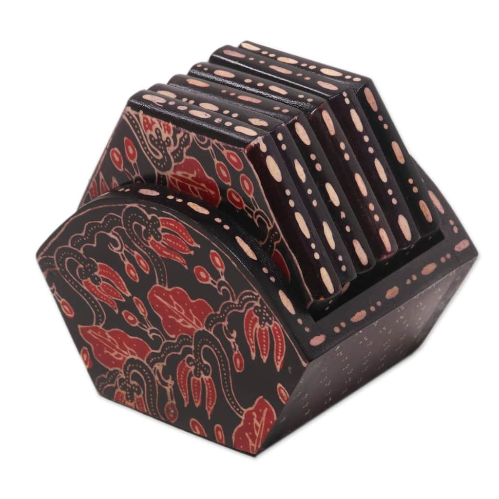 NOVICA Artisan Handblown Wooden Batik Coasters From Indonesia Black Red Floral Barware 'Kembang Memory' (Set of 6)