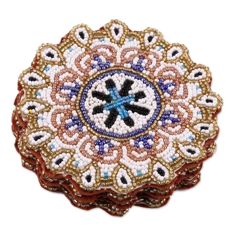 NOVICA Artisan Handblown Beaded Coasters Glass Round With Floral Pattern Assorted Tableware Barware 'Beaded Sun'(Set of 4)