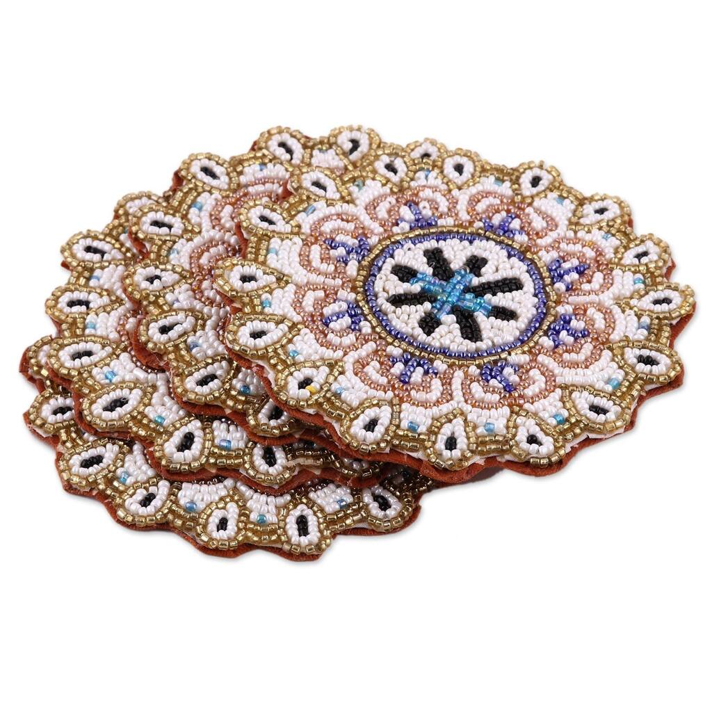 NOVICA Artisan Handblown Beaded Coasters Glass Round With Floral Pattern Assorted Tableware Barware 'Beaded Sun'(Set of 4)