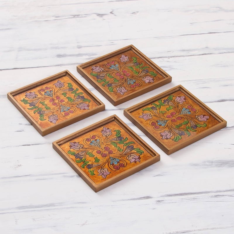 NOVICA Artisan Handblown Reverse Painted Glass Coasters Floral Multicolor Wood Tableware 'Floral Gold'(Set of 4)