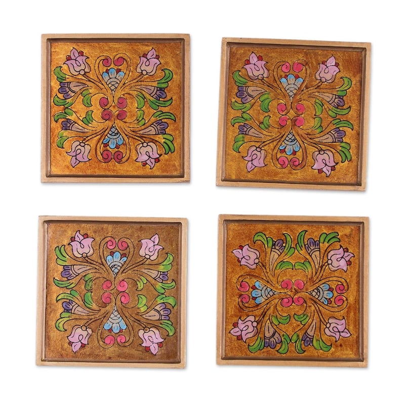 NOVICA Artisan Handblown Reverse Painted Glass Coasters Floral Multicolor Wood Tableware 'Floral Gold'(Set of 4)