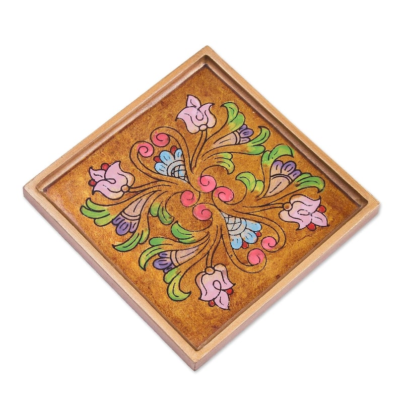 NOVICA Artisan Handblown Reverse Painted Glass Coasters Floral Multicolor Wood Tableware 'Floral Gold'(Set of 4)
