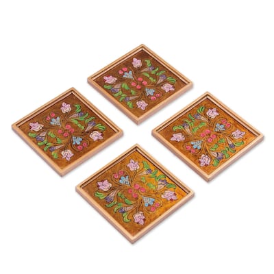 Handmade Floral Gold Reverse Painted Glass Coasters (Peru)