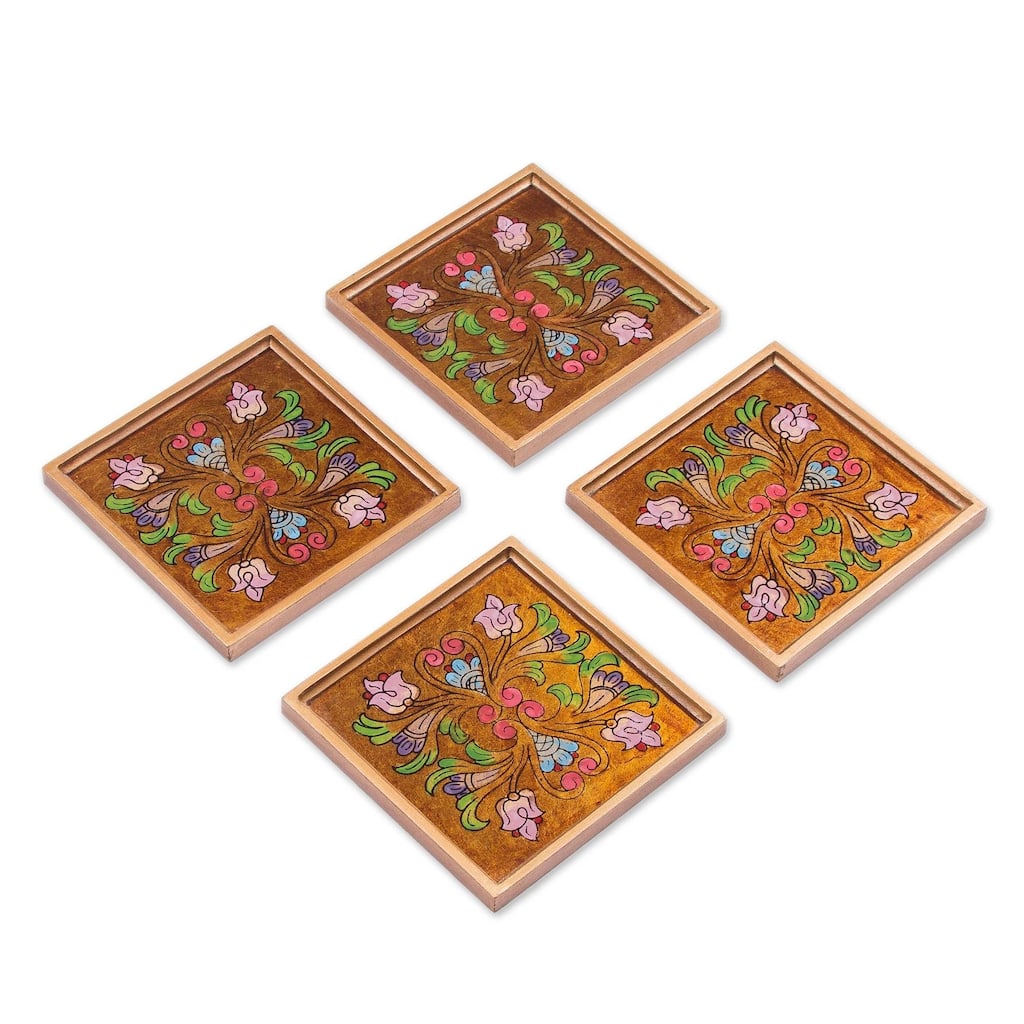 NOVICA Artisan Handblown Reverse Painted Glass Coasters Floral Multicolor Wood Tableware 'Floral Gold'(Set of 4)