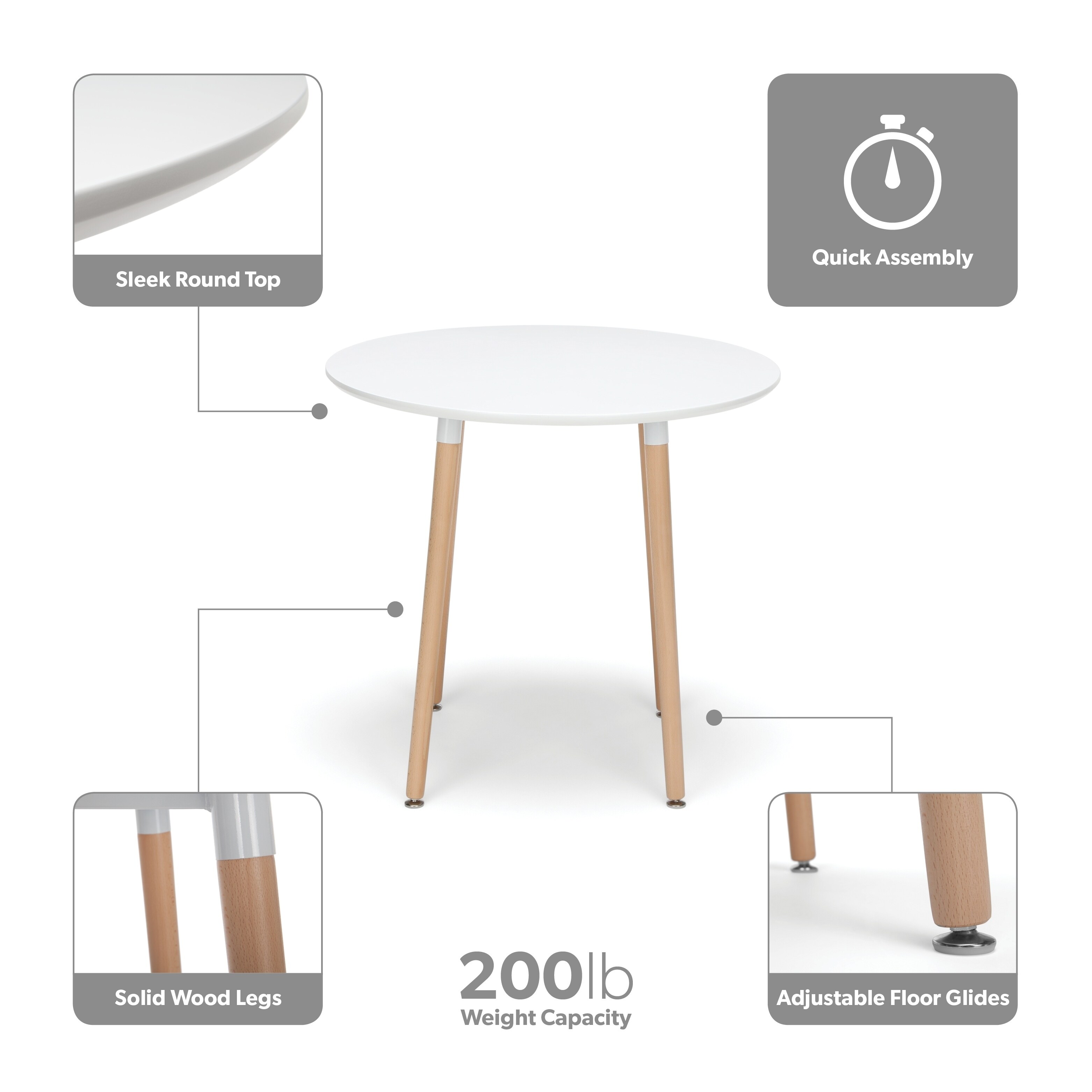 Solid Wood Legs OFM 161 Collection Mid Century Modern 32 Round Dining Table in White