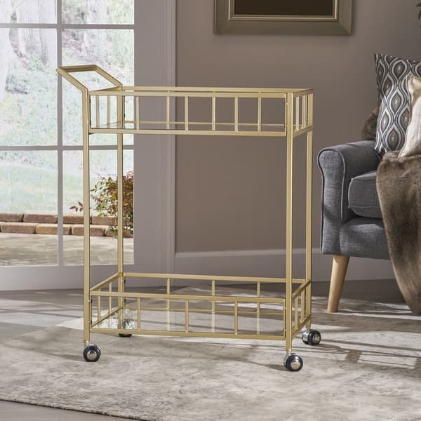 slide 2 of 14, Falon Indoor Modern Bar Cart with Tempered Glass by Christopher Knight Home - N/A Gold
