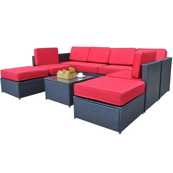 Patio Lawn Garden Sofas Mcombo Outdoor Patio Black Wicker Furniture Sectional Set All Weather Resin Rattan Chair Modular Sofas With Water Resistant Cushion Covers 6085 Middle Chair Red