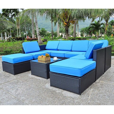 Mcombo Outdoor Patio Black Wicker Furniture Sectional Set All-Weather Resin Rattan Chair Conversation Sofas 6085 9PC