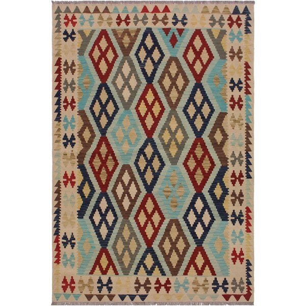 Kilim Candy Ivory/Brown Hand-Woven Wool Rug- 5'3 x 6'8 - 5'3" x 6'8"