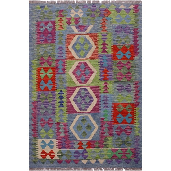 Kilim Burl Lt. Blue/Purple Hand-Woven Wool Rug- 3'4 x 4'11 - 3'4" x 4'11"