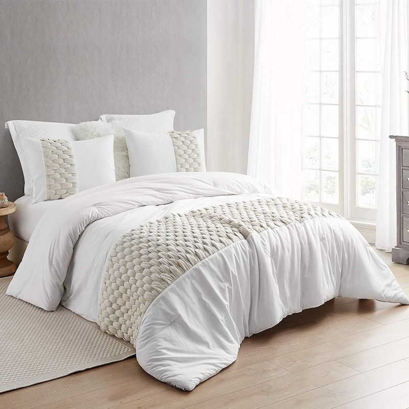 Almond Cream/ White Knit and Loop Textured Oversized Comforter