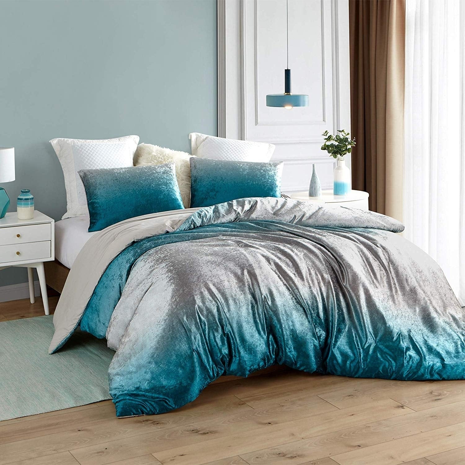 teal purple and gray bedding