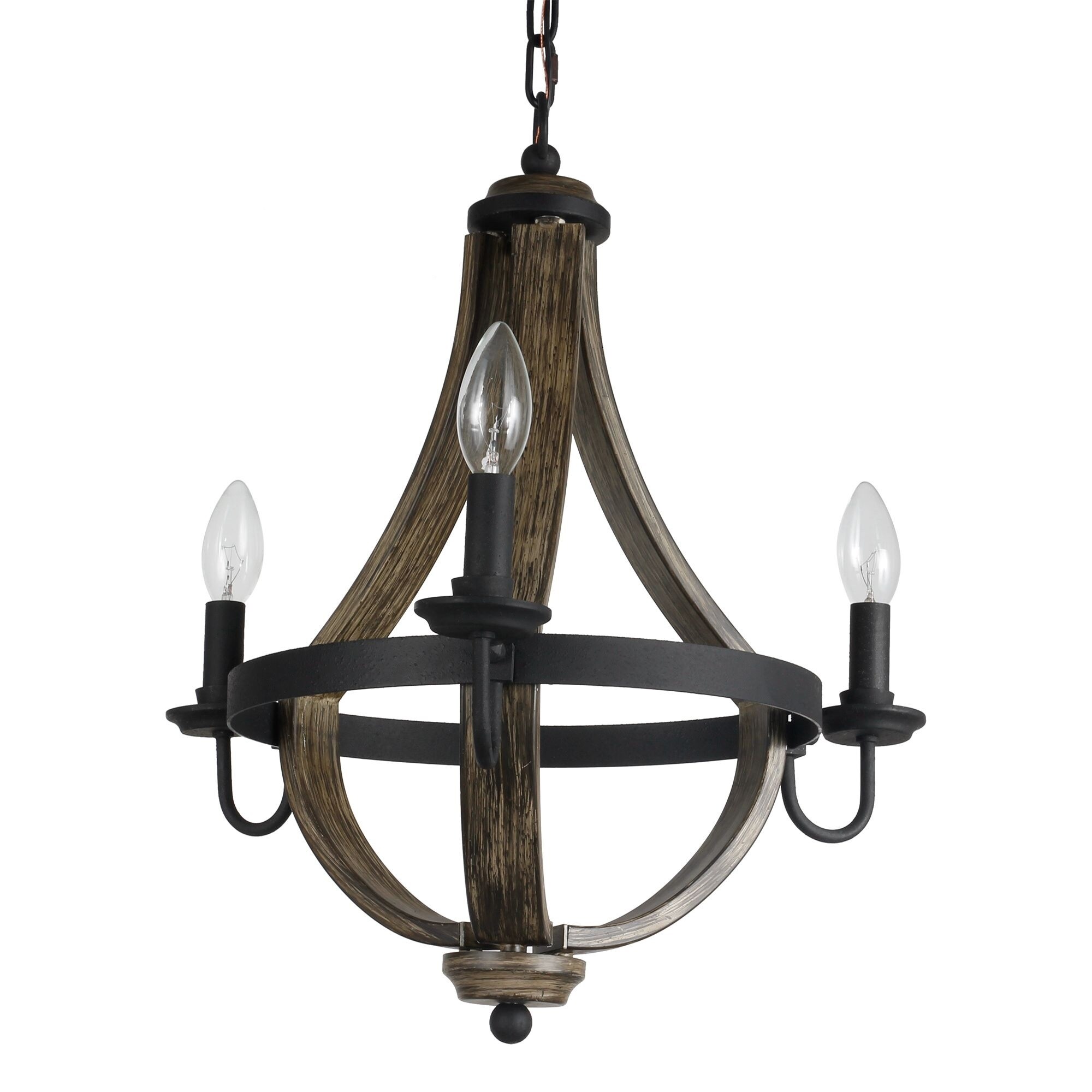 Farmhouse 3-Light Distressed Black and Wood Finish Iron Chandelier - Chandeliers For Bedrooms by Overstock.com