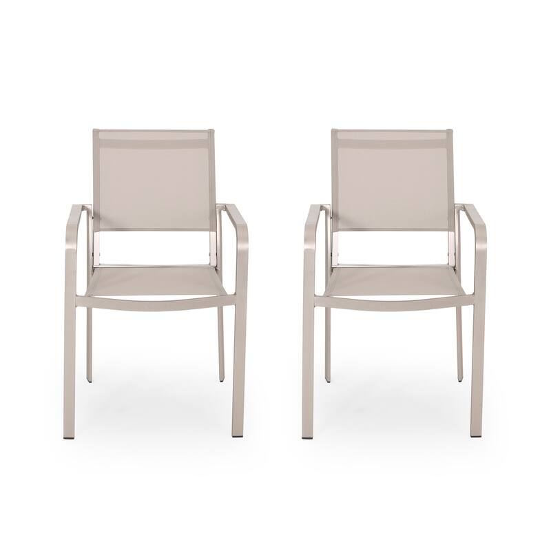 Madison Outdoor Modern Aluminum Dining Chair with Mesh Seat (Set of 2) by Christopher Knight Home - Silver + Taupe