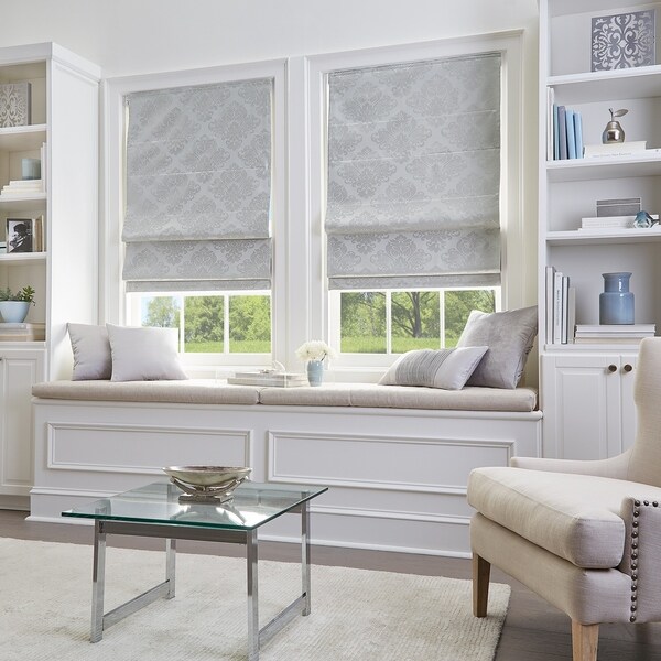 Damask Room Darkening Roman Shade in Silver 45" w x 64" l (As Is Item). Opens flyout.