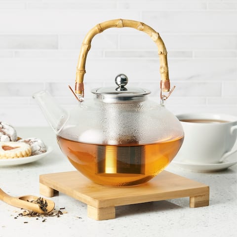 BonJour Teapot with Stainless Steel Infuser and Bamboo Trivet, 34oz