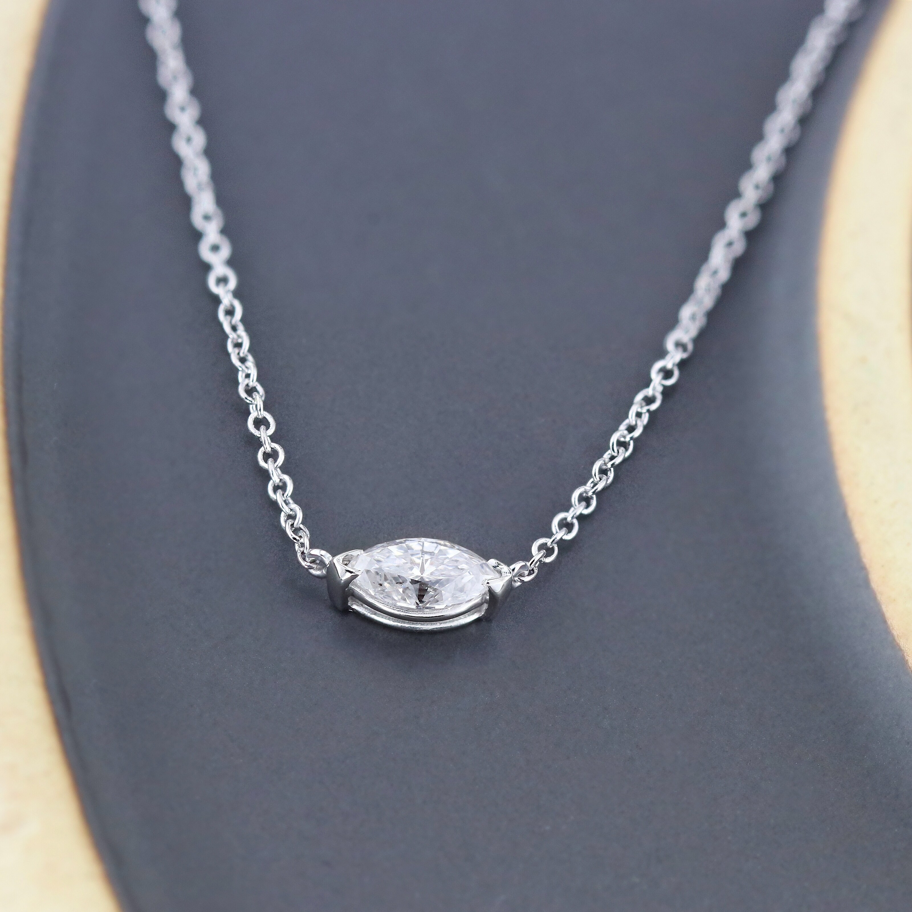 East west Marquise Solitaire Diamond Necklace in 14k White Gold