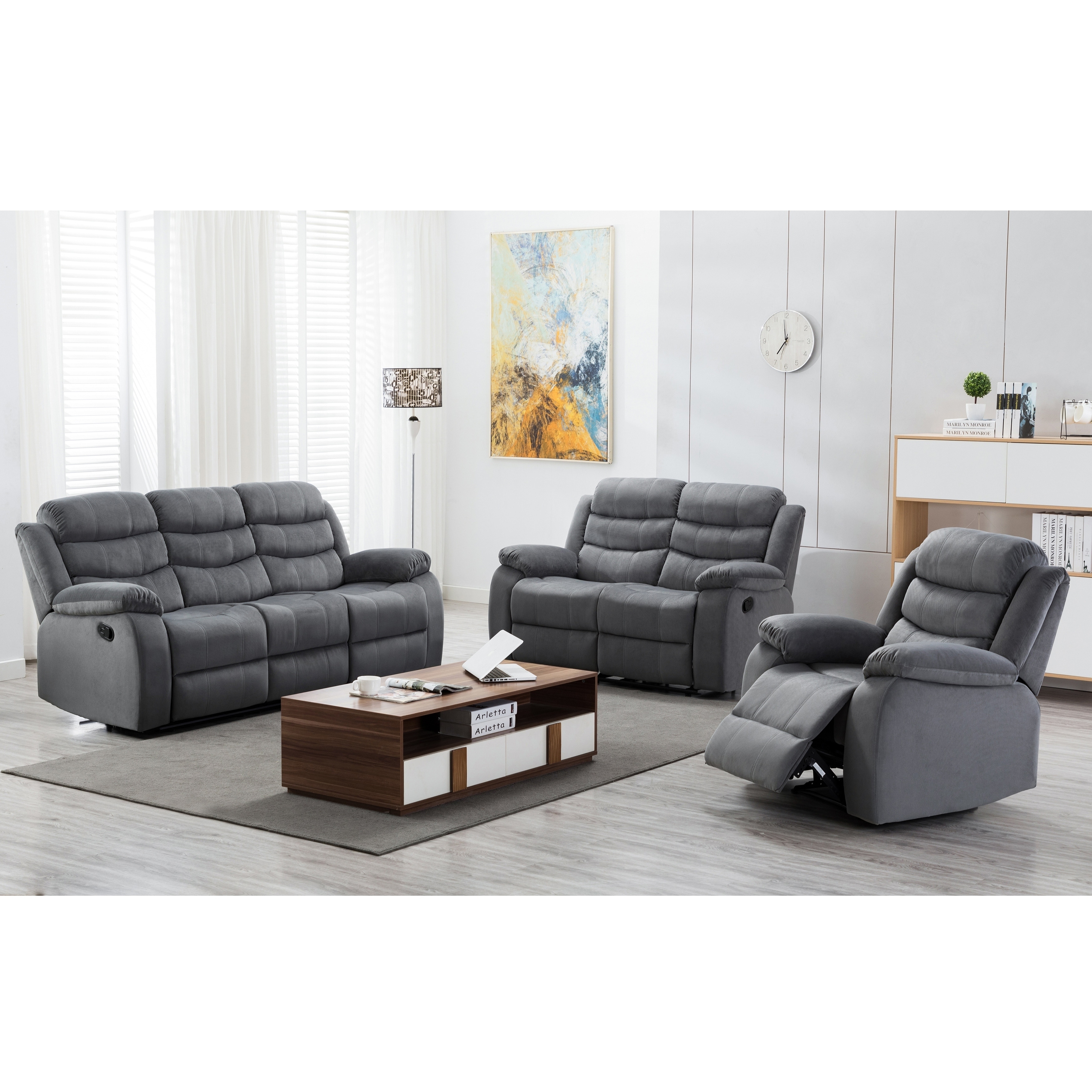 Jim Grey Upholstered Reclining Living Room 3 Piece Sofa Set Overstock 29013441