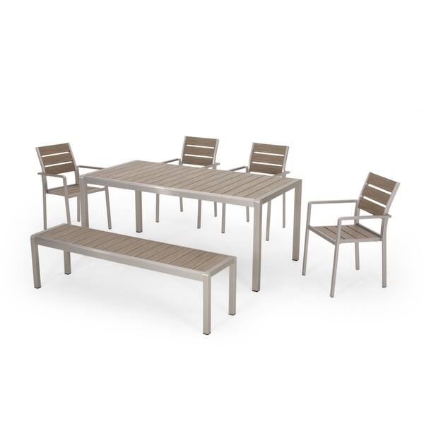 Shop Cape Coral Outdoor Modern 6 Seater Aluminum Dining Set With Dining Bench By Christopher Knight Home Overstock 29017399 Gray Silver