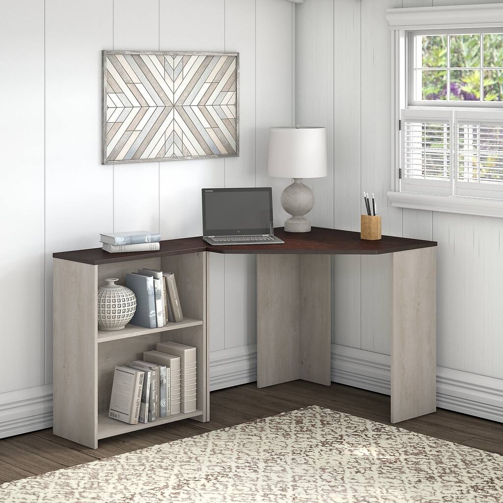 Townhill Corner Desk with Bookcase in Washed Gray and Madison Cherry