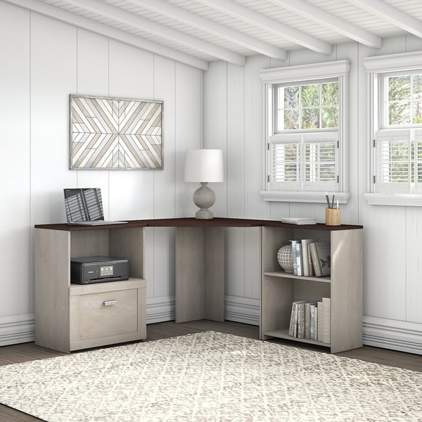 Porch & Den Skyhar Washed Grey/ Cherry Corner Desk with Bookcase and File Cabinet