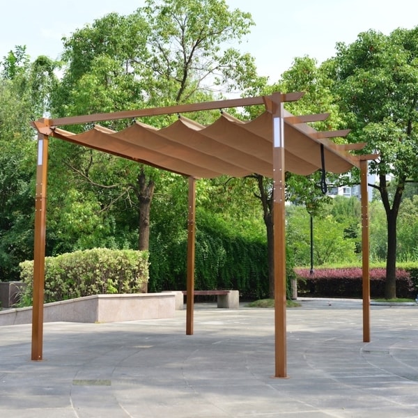 ALEKO Aluminum Outdoor Retractable Pergola 13 x 10 ft with Solar Powered LED Lamps Sand. Opens flyout.