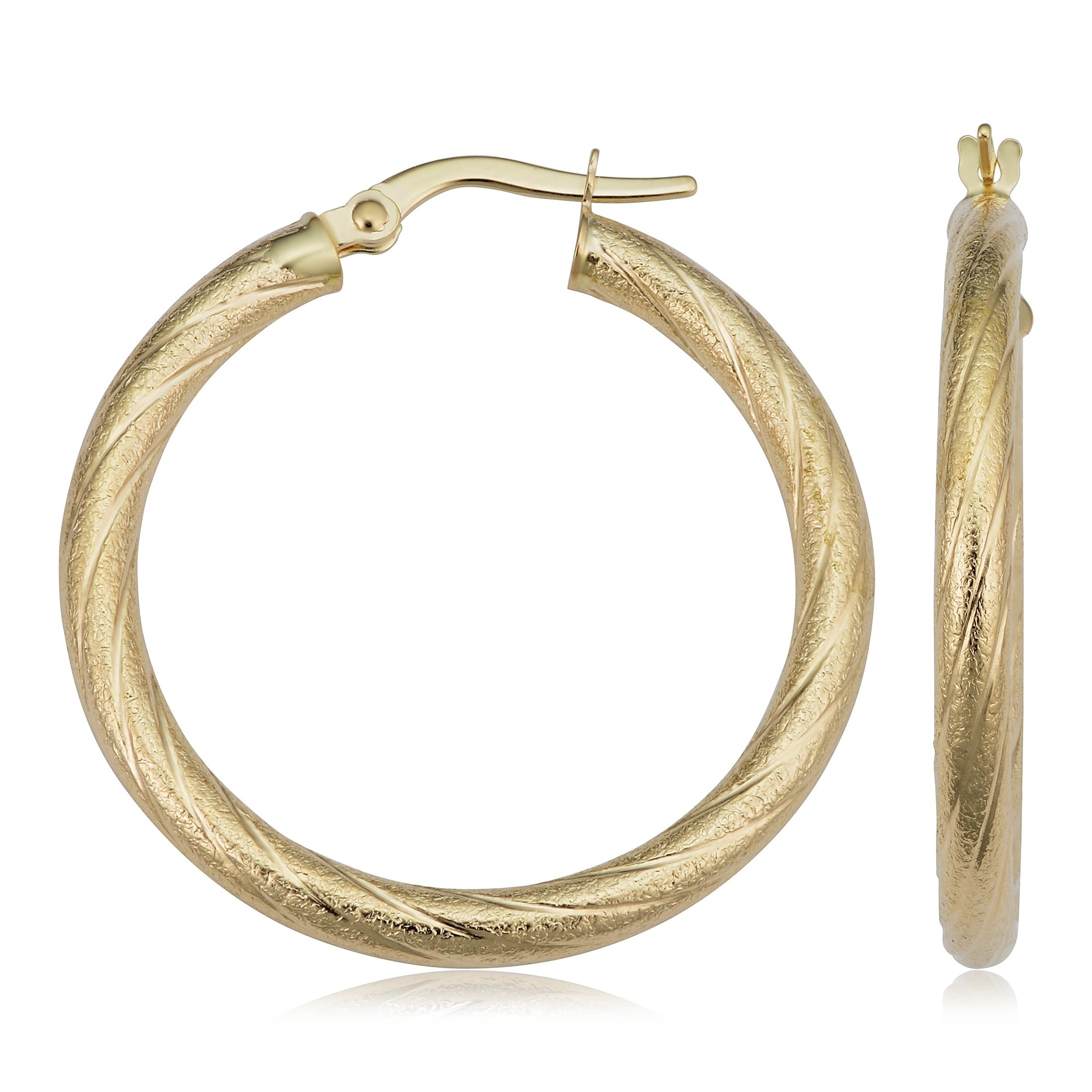 Solid 10K Gold Polished & Textured Twist Hoop Earrings 