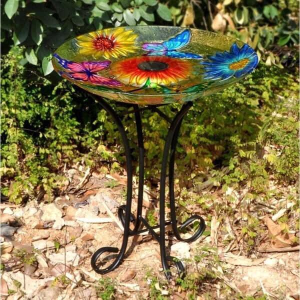 Shop Solar Floral Glass Butterfly Bird Bath With Stand - Overstock