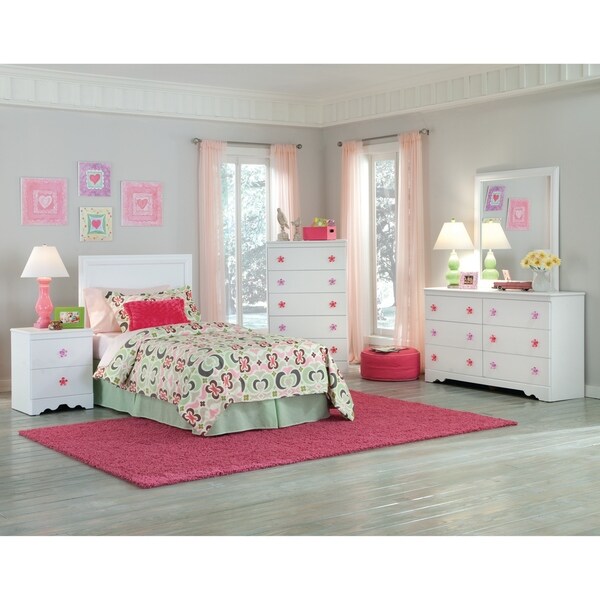 Five Piece White Bedroom set including Twin Headboard, Five Drawer Chest, Six Drawer Dresser, Mirror, and Night Stand.