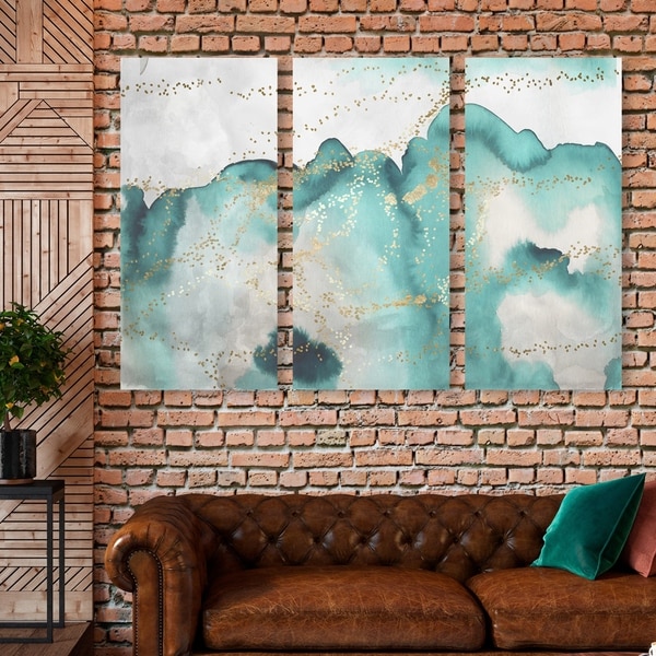 Oliver Gal 'Aqua Lovers Waltz Triptych' Abstract Wall Art Canvas Print Set - Green, Gold - 17 x 36 x 3 Panels