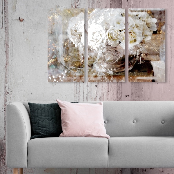 Oliver Gal 'Serving Roses Triptych' Floral and Botanical Wall Art Canvas Print Set - Gold, White - 17 x 36 x 3 Panels