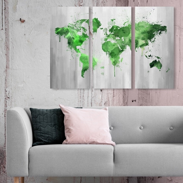 Oliver Gal 'Mapamundi Green Triptych' Maps and Flags Wall Art Canvas Print Set - Green, Gray - 17 x 36 x 3 Panels