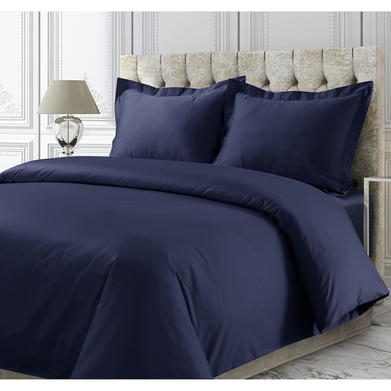 750 Thread Count Cotton Sateen Oversized Duvet Cover Set - Navy Blue - Queen