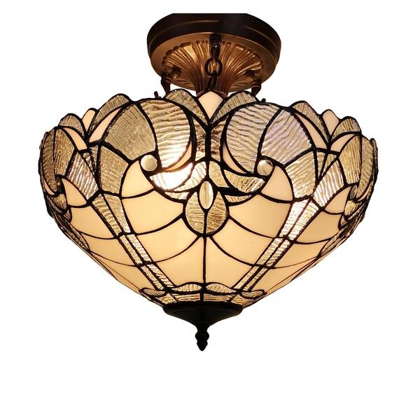Tiffany Style Ceiling Lamp Fixture Semi Flush 16 Wide White Stained Glass 2 Dining Room Gift Am216hl16b Amora Lighting