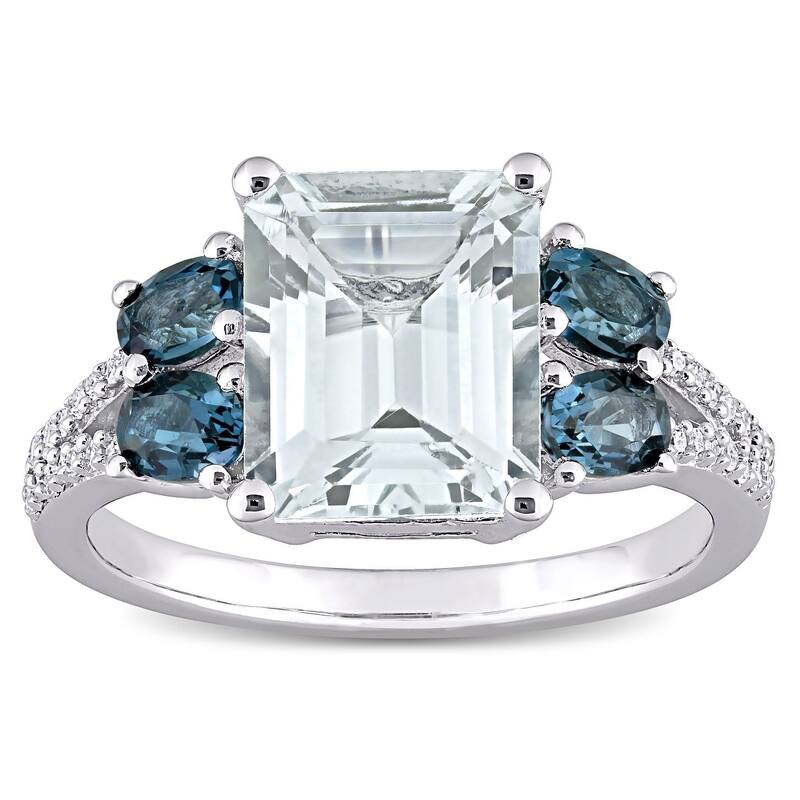 Miadora Sterling Silver Aquamarine London Blue Topaz and 1/10ct TDW Diamond 5-Stone Ring