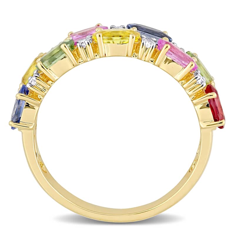 Miadora 14k Yellow Gold Oval-Cut Multi-Color Sapphire Semi-Eternity 2-Row Anniversary Band