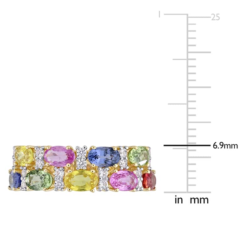 Miadora 14k Yellow Gold Oval-Cut Multi-Color Sapphire Semi-Eternity 2-Row Anniversary Band