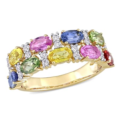 Miadora 14k Yellow Gold Oval-Cut Multi-Color Sapphire Semi-Eternity 2-Row Anniversary Band
