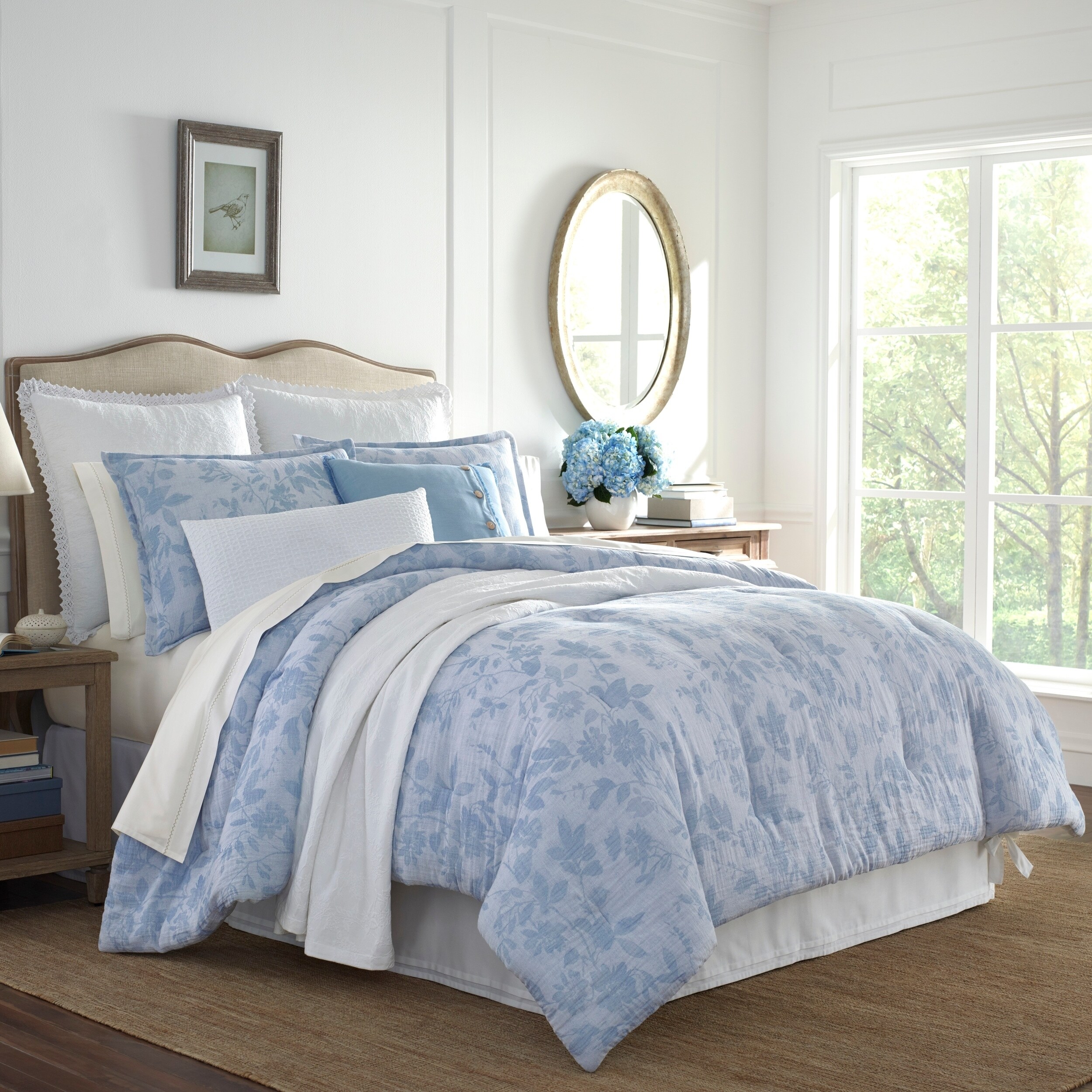 Shop Laura Ashley Liana Blue Cotton Comforter Set On Sale