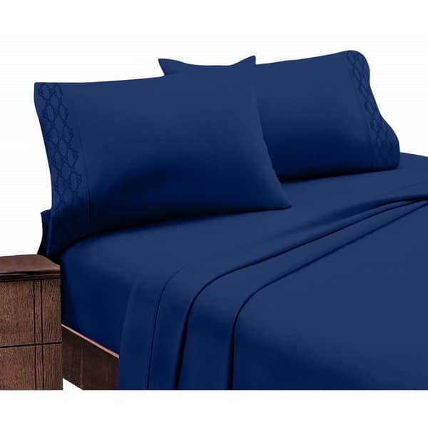 Porch & Den Hanson Embroidered Extra Soft Microfiber Deep Pocket Bed Sheet Set - Navy - King