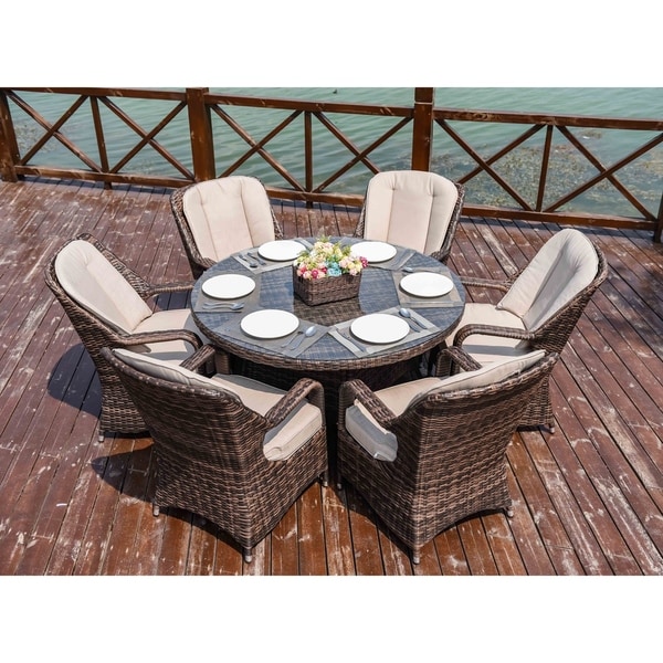 Shop Moda 7-Piece Patio Wicker Round Dining Table Set with Cushions