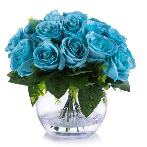 Enova Home 18 Heads Silk Rose Flower Arrangement in Clear Glass Vase with Faux Water For Home Wedding Centerpiece