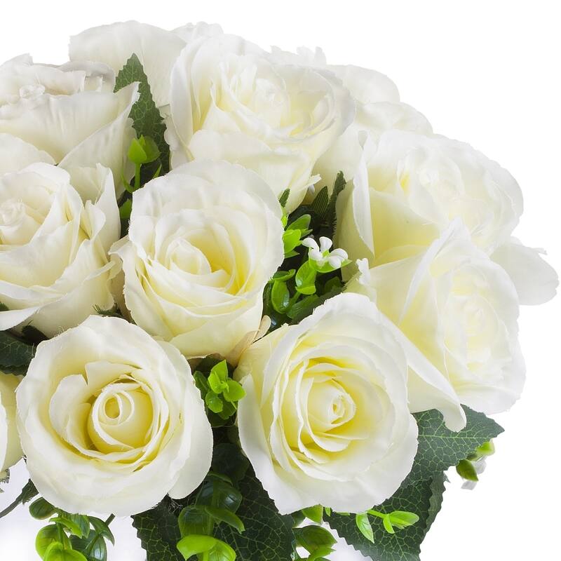 Enova Home Artificial 18 Heads Silk Roses Fake Flowers Arrangement in Clear Glass Vase with Faux Water for Home Office Decor