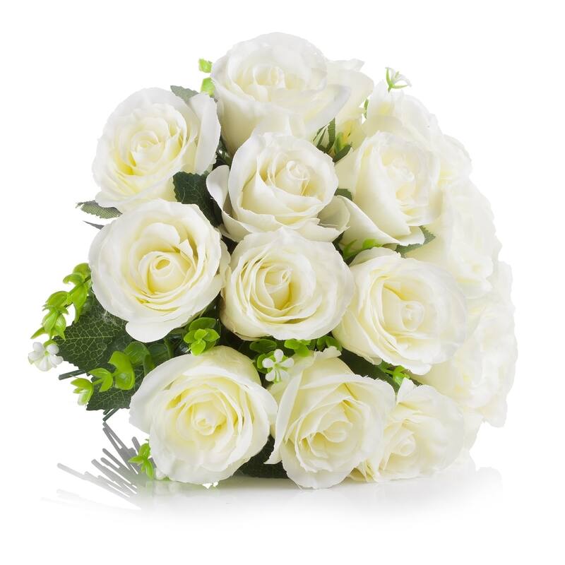 Enova Home Artificial 18 Heads Silk Roses Fake Flowers Arrangement in Clear Glass Vase with Faux Water for Home Office Decor