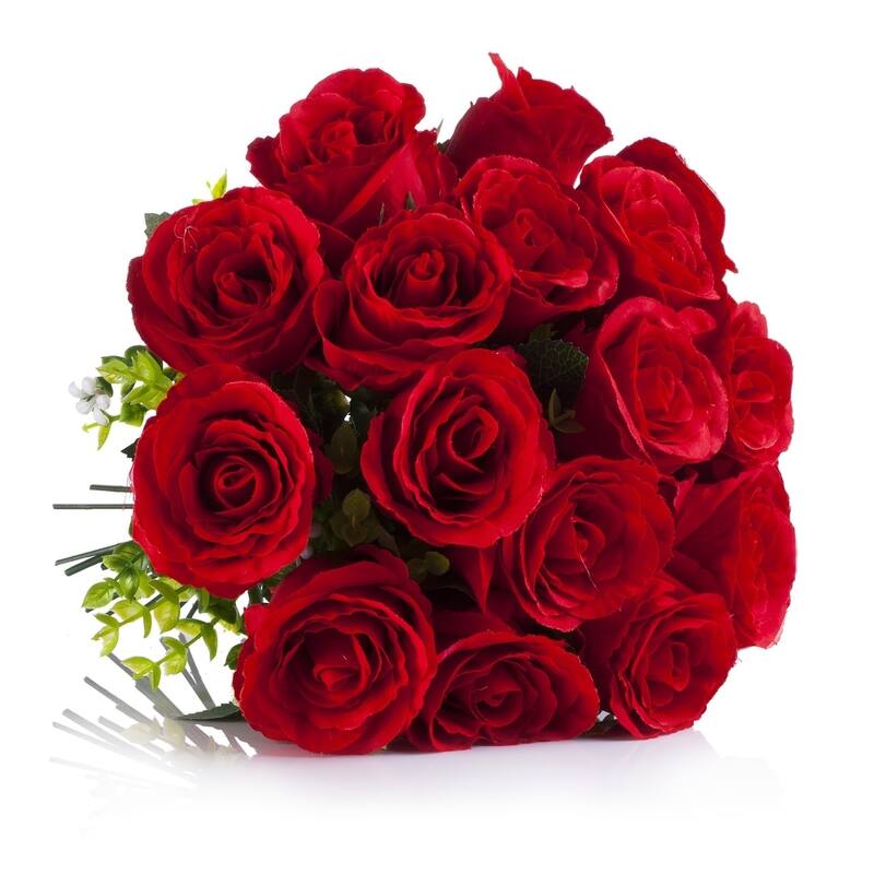 Enova Home Artificial 18 Heads Silk Roses Fake Flowers Arrangement in Clear Glass Vase with Faux Water for Home Office Decor
