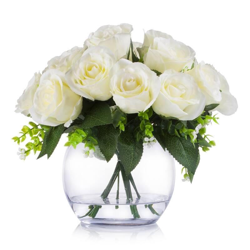 Enova Home Artificial 18 Heads Silk Roses Fake Flowers Arrangement in Clear Glass Vase with Faux Water for Home Office Decor