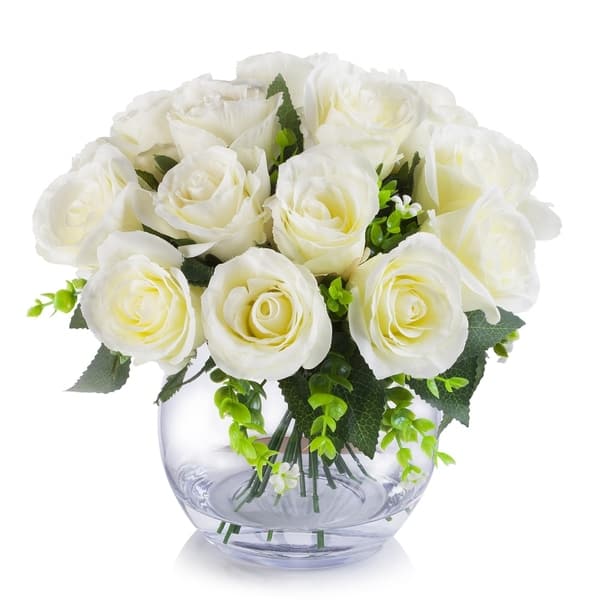 Enova Home 18 Heads Silk Rose Flower Arrangement In Clear Glass Vase With Faux Water Overstock 29039723