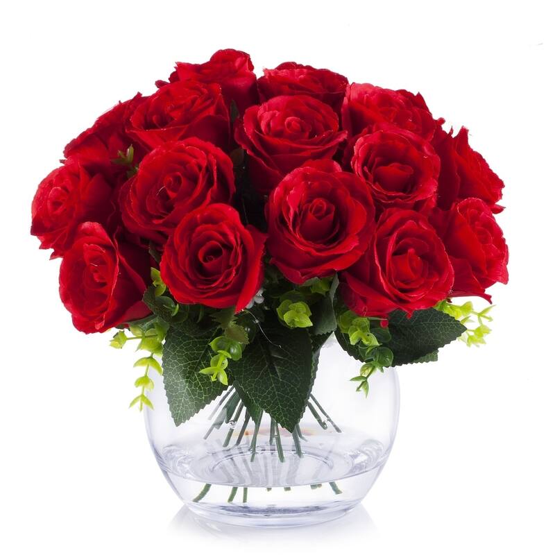 Enova Home Artificial 18 Heads Silk Roses Fake Flowers Arrangement in Clear Glass Vase with Faux Water for Home Office Decor - Red