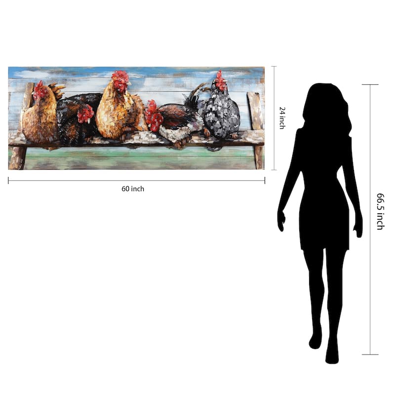 "Chickens" Handed Painted Iron Wall Sculpture on Slatted Solid Wood Wall Art